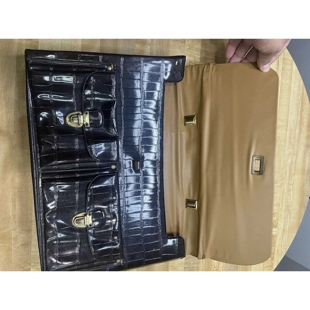 BROWN CROCO PRINT FAUSE LEATHER‎ VINTAGE CELEBRITY 2 POCKETS FLAP BRIEFCASE